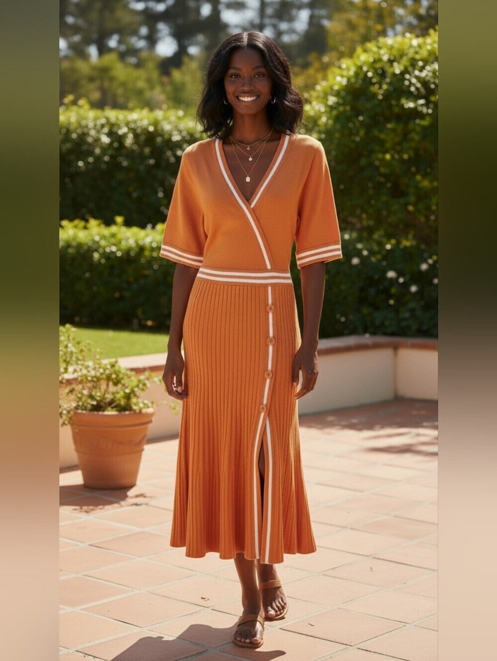 New York & Company Legacy Burnt Orange Knit Sweater Dress Contrast Trim Sz L